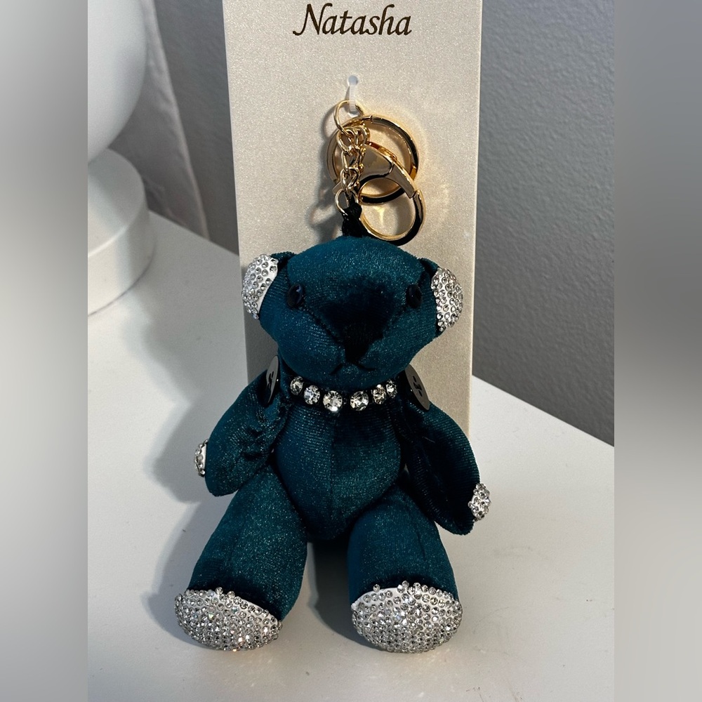 Natasha Couture Teal Velvet and Rhinestone Bear purse charm/keychain New